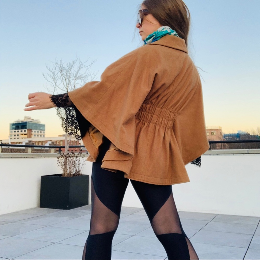 Aqua Camel Wool Bat Wing Ruffled Pea Coat Poncho - Picture 8 of 16